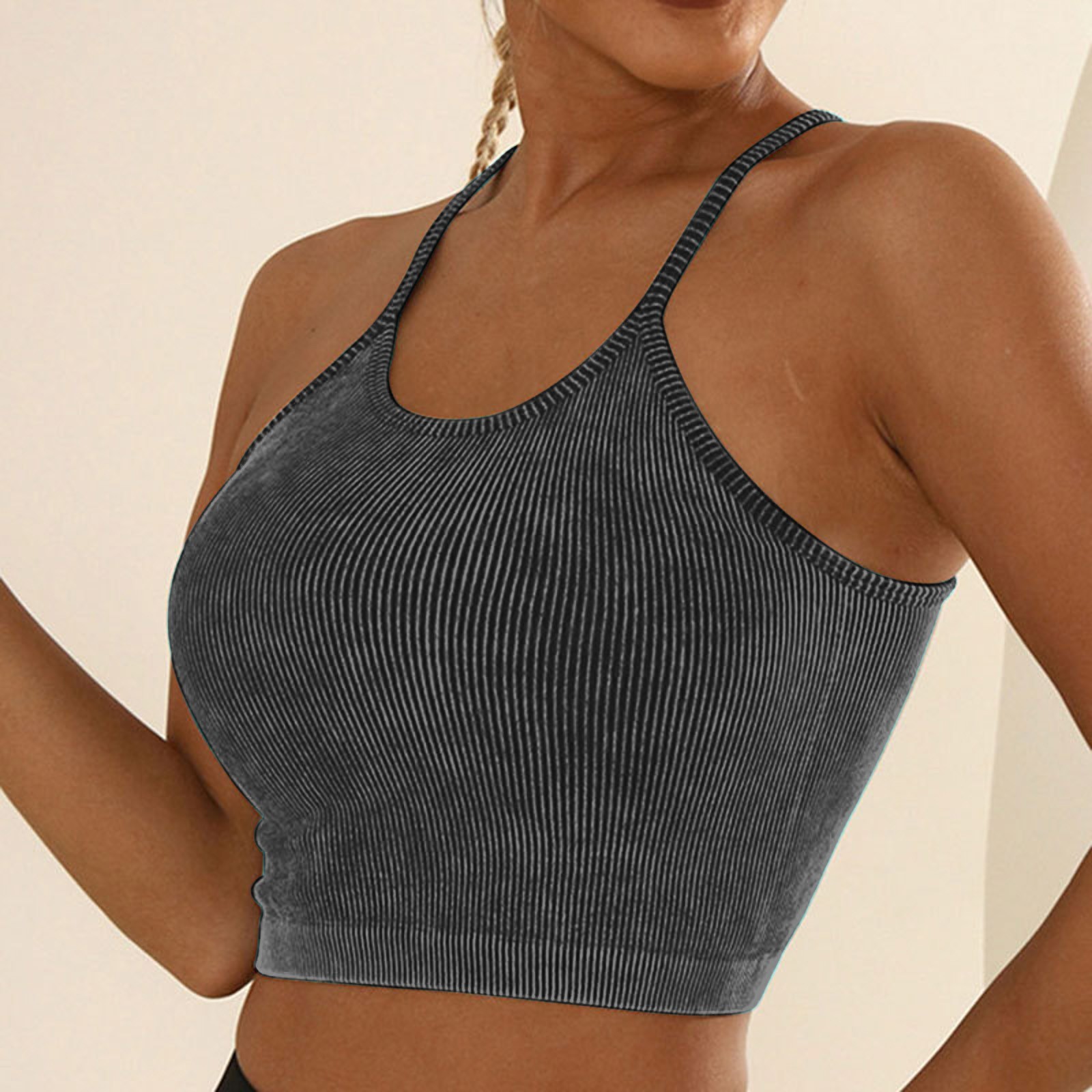 thumbnail image 2 of Sujetador deportivo acolchado de punto para mujer - Tirantes finos cruzados - Entrenamiento, yoga, gimnasio - Tallas S-L, 2 of 6